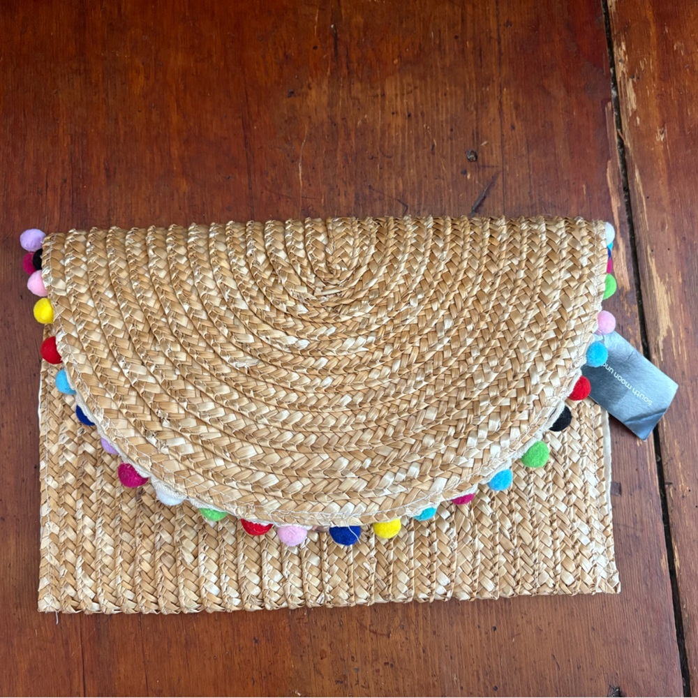 Shiraleah Woven Straw Clutch with multicolor Pom-Poms - with tags